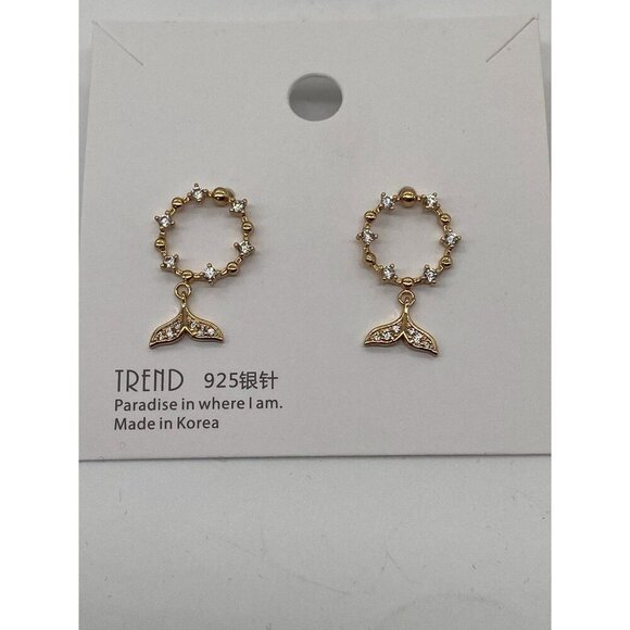 Mermaid Tail Earrings 925 Sterling Sliver 18K Gold Plated Zircon Circle Women’s - Picture 4 of 5